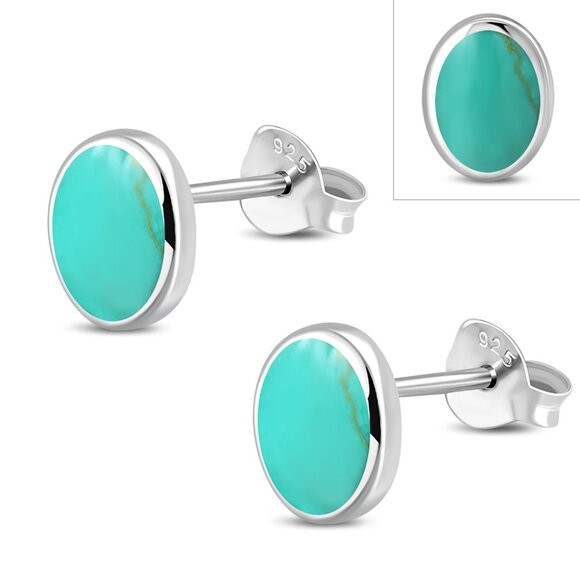 Sterling Silver Turquoise Stud Earrings Oval Bezel Set Hand Polished 10 x 8 mm - Picture 1 of 6